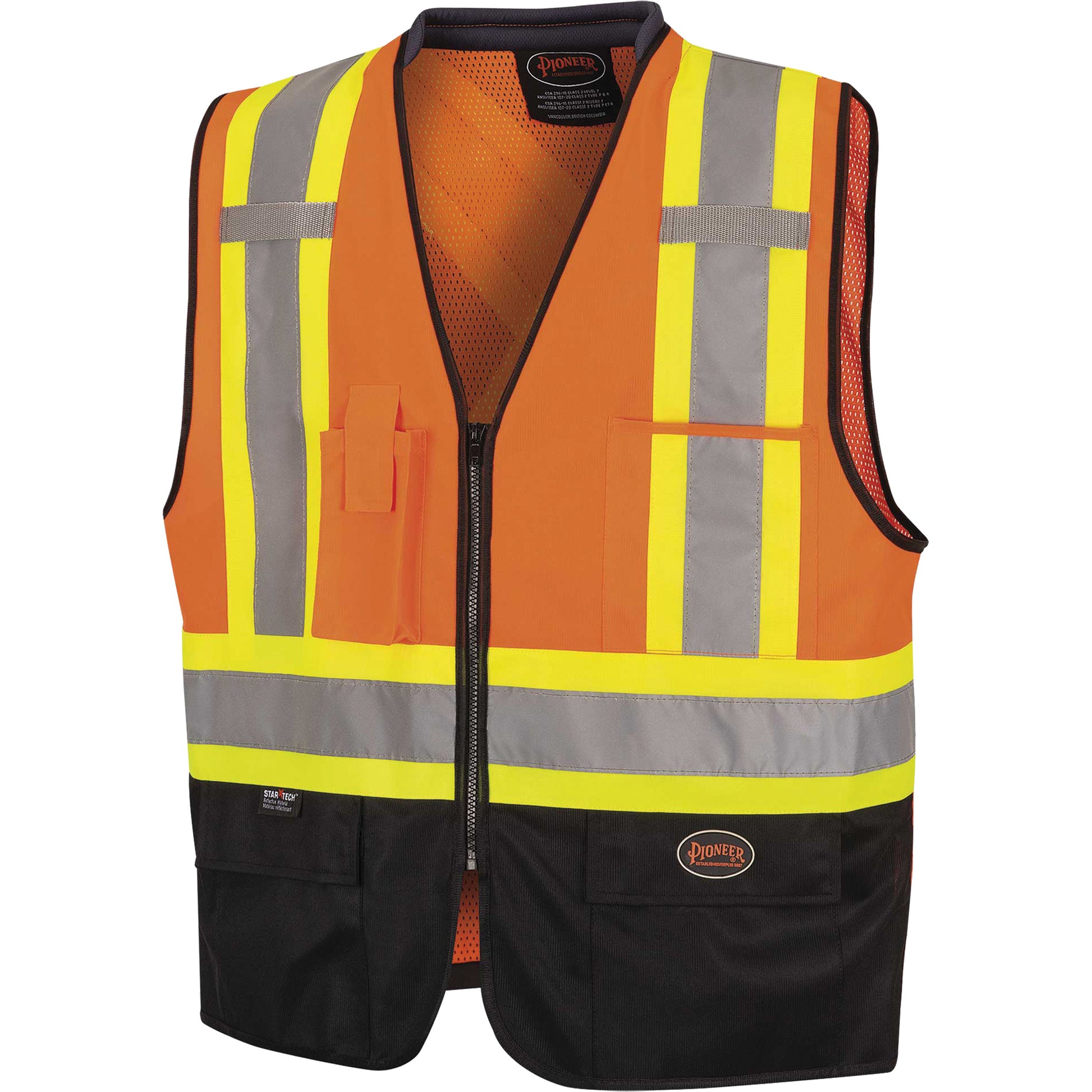 Pioneer 6894 Zip-Front Bi-Colour Safety Vest, High Visibility Orange, Large/X-Large, Polyester
