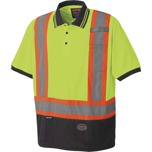 Pioneer 6987 Bird's-Eye Safety Polo Shirt, Polyester, X-Large, High Visibility Lime-Yellow