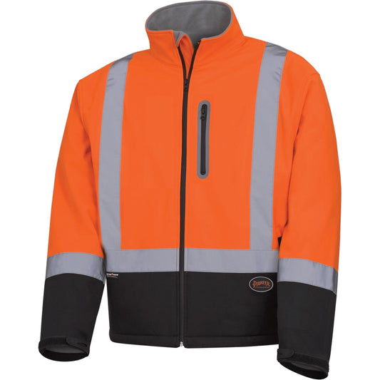 Pioneer 5679 Mechanical-Strength Softshell Safety Jacket, Black/High Visibility Orange, Medium