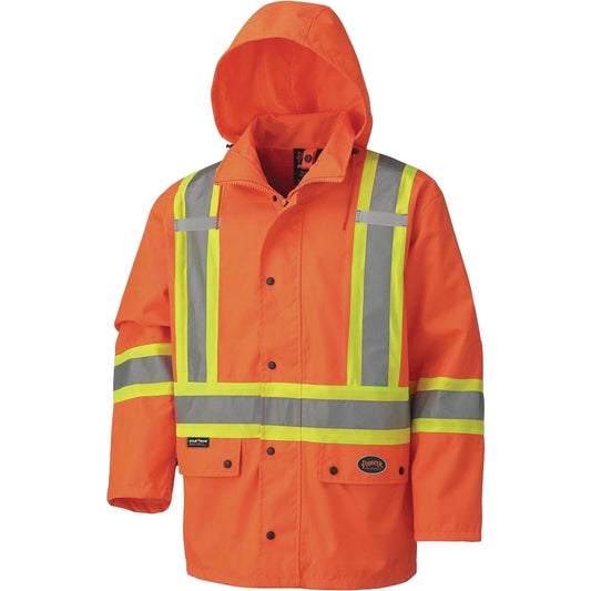 Pioneer 5575A 450D Waterproof Safety Jacket with Detachable Hood, Polyester, High Visibility Orange, Large