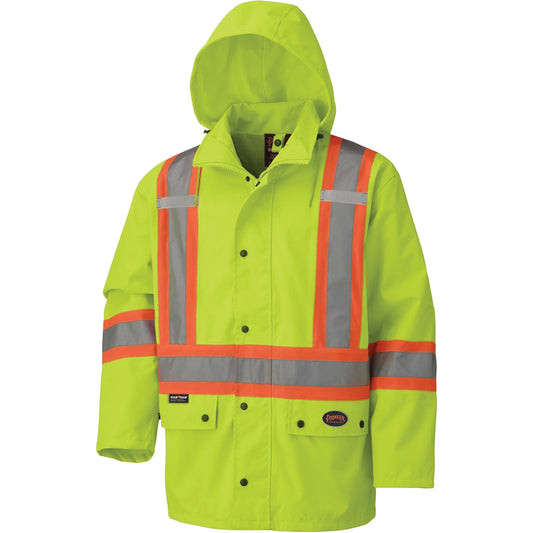 Pioneer 5585A 450D Waterproof Safety Jacket with Detachable Hood, Polyester, High Visibility Lime-Yellow, Medium