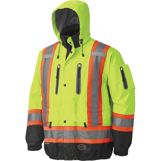 Pioneer 5201 Premium Breathable Waterproof Jacket, Polyester, Black/High Visibility Lime-Yellow, Medium