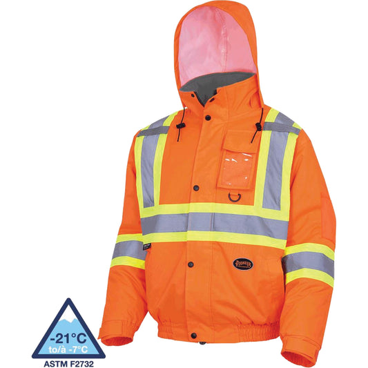 Pioneer 5032 Waterproof Winter Quilted Safety Bomber Jacket, Polyester, High Visibility Orange, 2X-Large