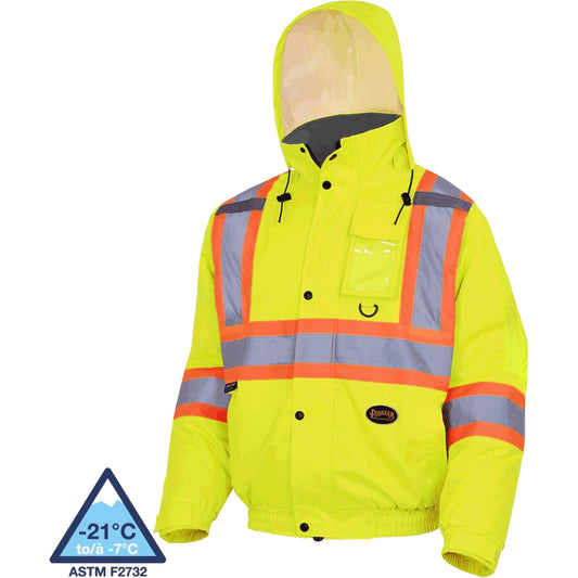 Pioneer 5033 Waterproof Winter Quilted Safety Bomber Jacket, Polyester, High Visibility Lime-Yellow, 4X-Large
