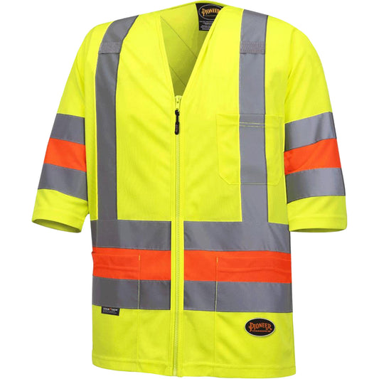 Pioneer 6019 Short-Sleeved Quebec Traffic Control Shirt, Polyester, X-Large, High Visibility Lime-Yellow