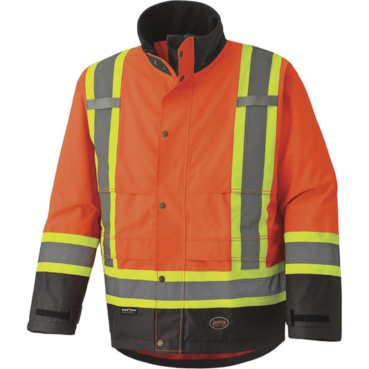 Pioneer 5400 300D Trilobal Ripstop Waterproof Safety Jacket, Polyester, Black/High Visibility Orange, Large