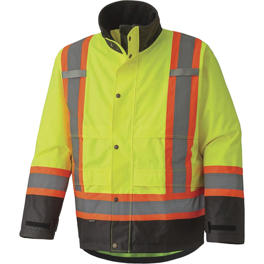 Pioneer 5401 300D Trilobal Ripstop Waterproof Safety Jacket, Polyester, Black/High Visibility Lime-Yellow, Large