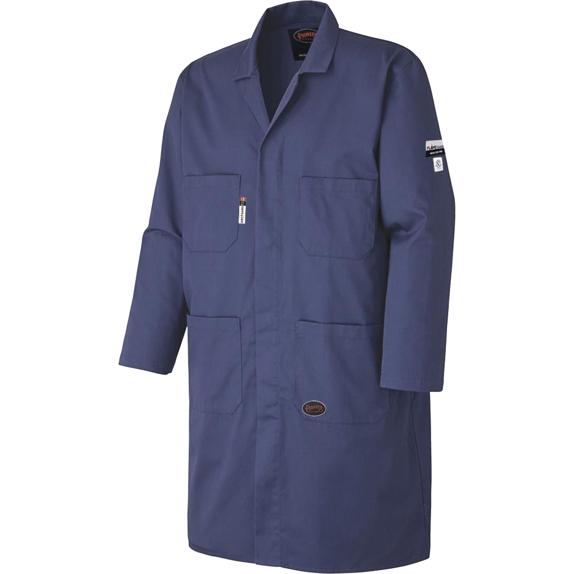 Pioneer 3512 Flame-Gard® FR/Arc Rated Anti-Static Shop Coat, Cotton, Size 4X-Large, Navy Blue