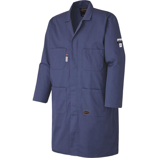 Pioneer 3512 Flame-Gard® FR/Arc Rated Anti-Static Shop Coat, Cotton, Size 4X-Large, Navy Blue
