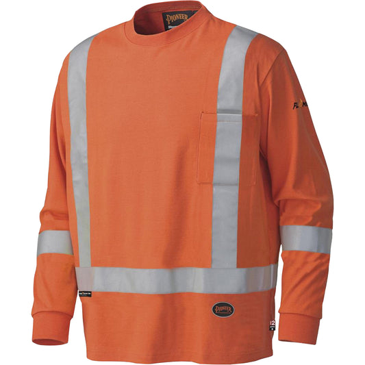 Pioneer 339SFA Flame-Resistant Long-Sleeved Safety Shirt, Medium, High Visibility Orange