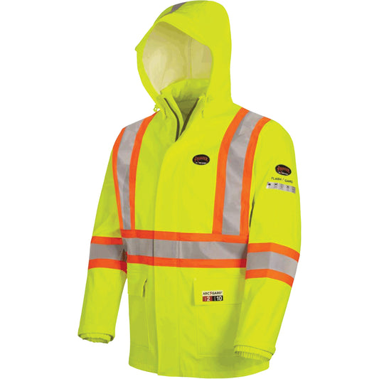 Pioneer 5881 FR/Arc-Rated Waterproof Rain Jacket, Medium, High Visibility Yellow, 10 cal/cm²