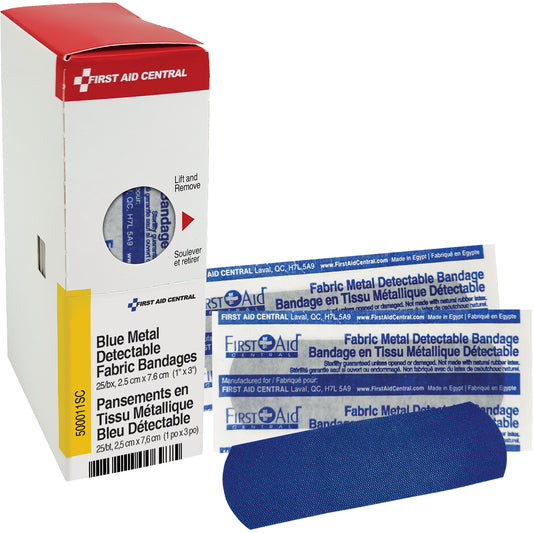 First Aid Central Fabric Blue Detectable Bandages, Rectangular/Square, 1", Fabric Metal Detectable, Sterile