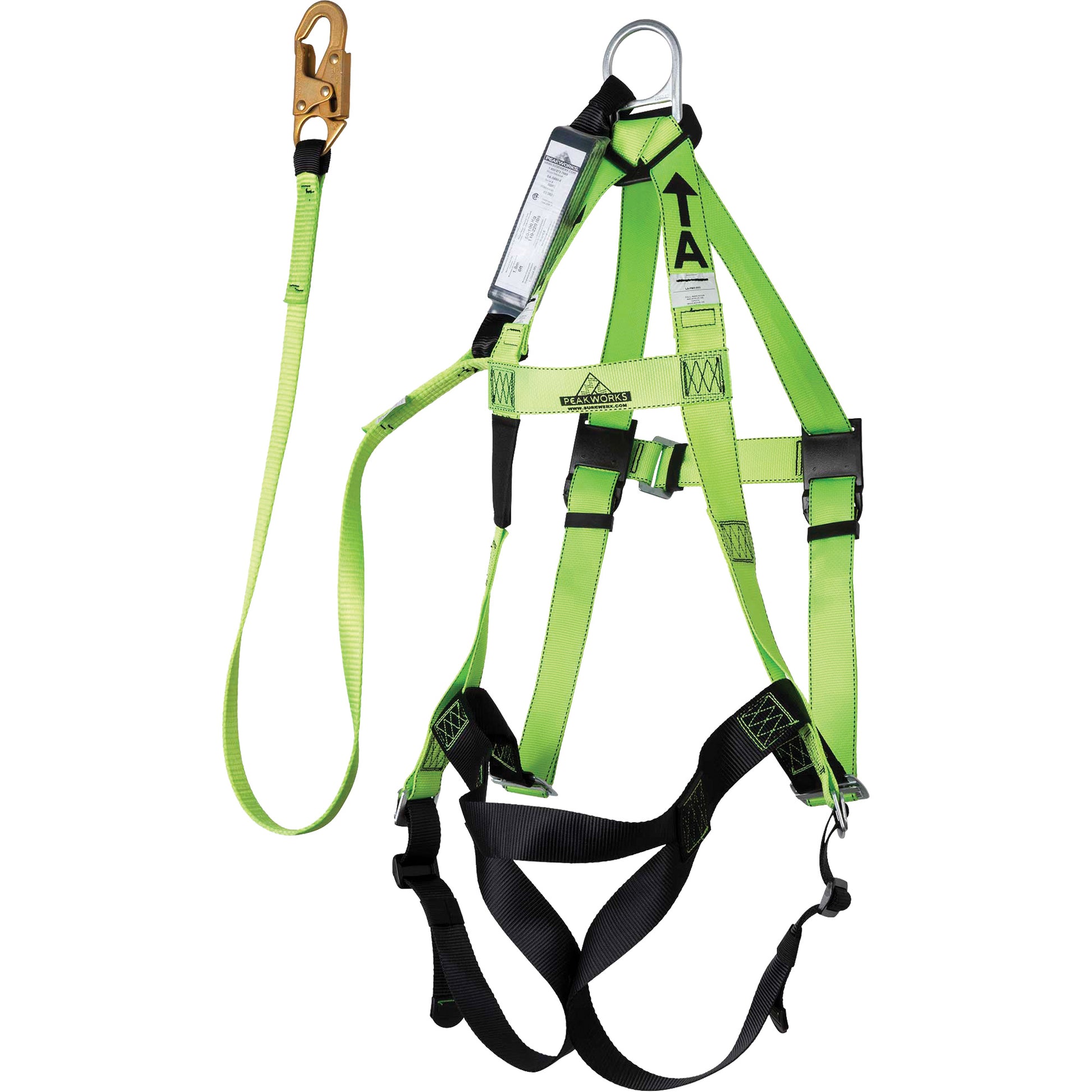 Peakworks FBH-10000A6440-6 Contractor Series Safety Harness with Shock Absorbing Lanyard, Harness/Lanyard Combo