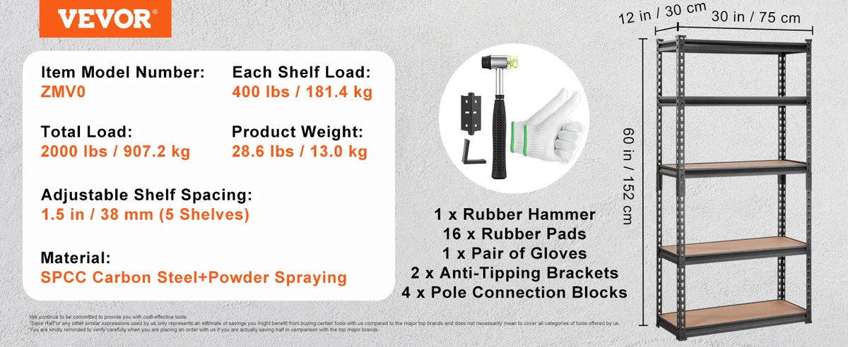 VEVOR Storage Shelving Unit, 5-Tier Adjustable, 2000 lbs Capacity, Heavy Duty Garage Shelves Metal Organizer Utility Rack, Black, 30