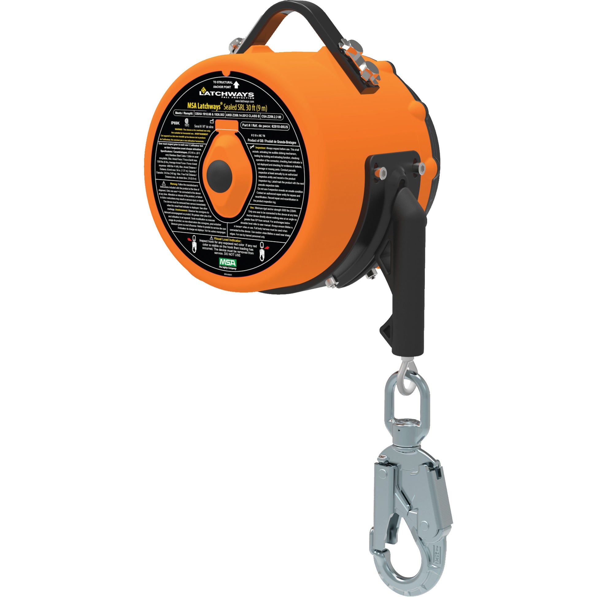 MSA Latchways Sealed Self-Retracting Lanyard, 85', 1 Leg, Stainless Steel Cable, Snap Hook Harness Connector