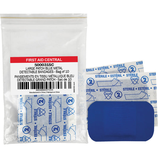 First Aid Central Blue Adhesive Bandages, Rectangular/Square, 3", Fabric Metal Detectable, Non-Sterile