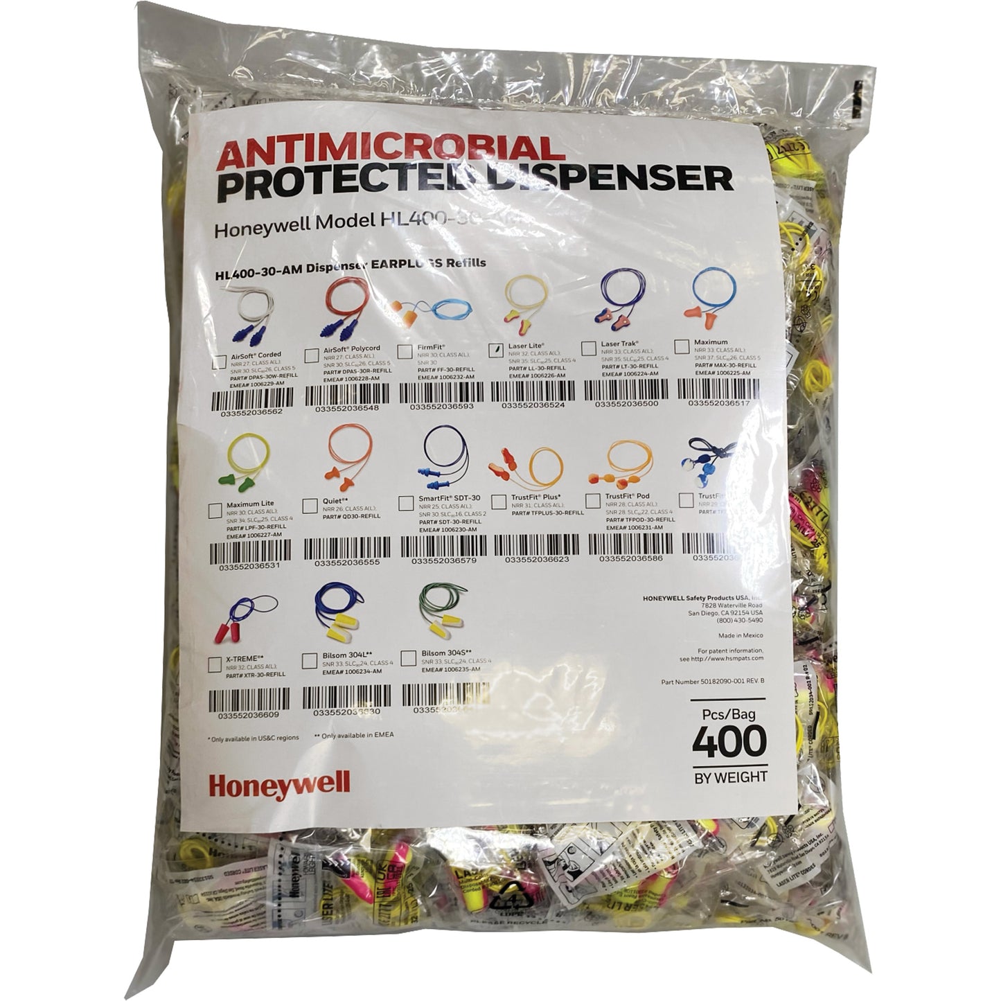 Honeywell LL-30 Earplugs Refill for HL400 Dispenser, Bulk - Polybag, Corded