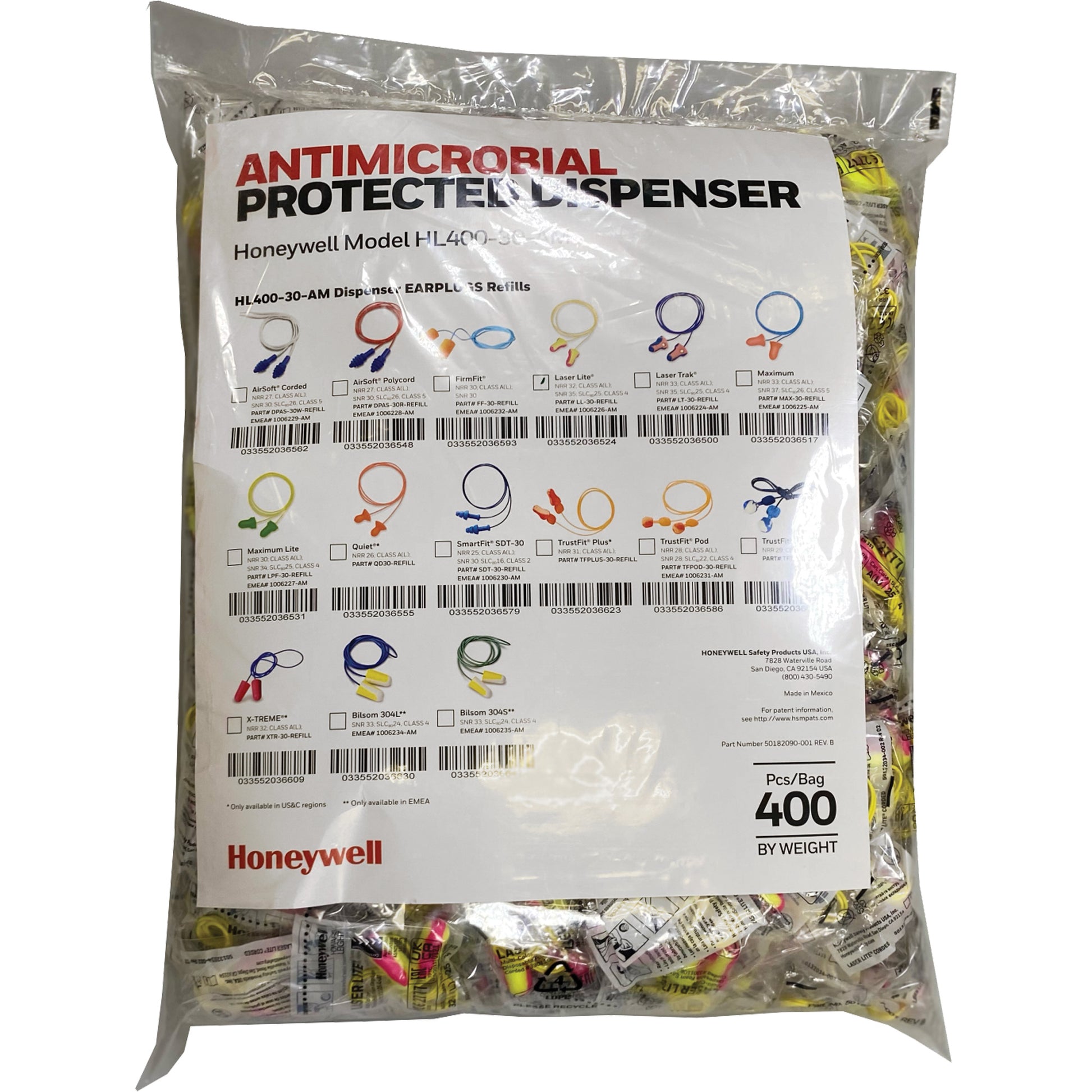 Honeywell LL-30 Earplugs Refill for HL400 Dispenser, Bulk - Polybag, Corded