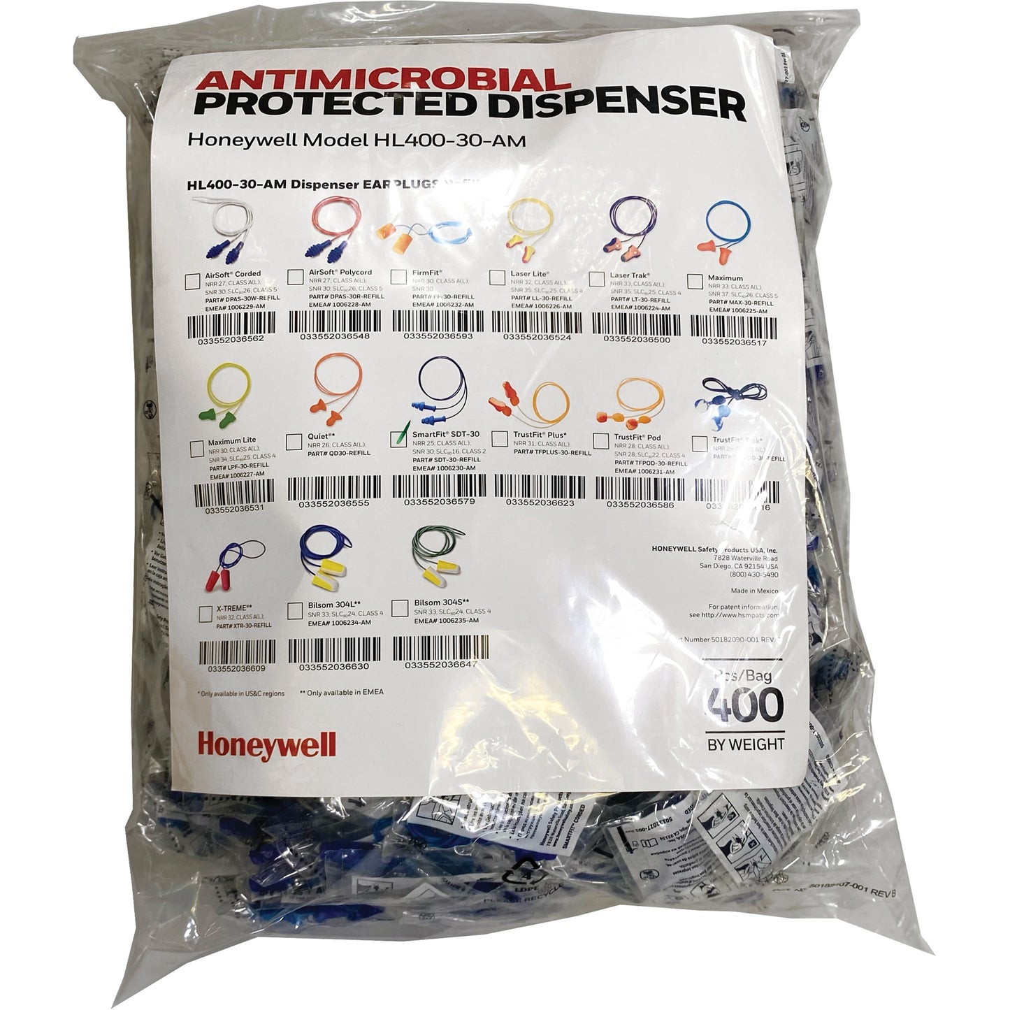 Honeywell SDT-30 Earplugs Refill for HL400 Dispenser, Bulk - Polybag, Corded