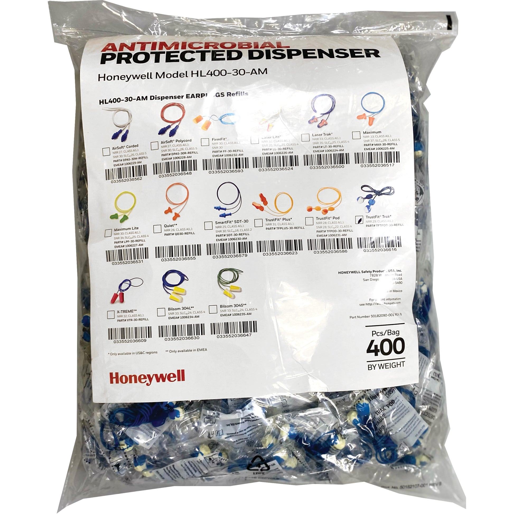 Honeywell TFT-30 Earplugs Refill for HL400 Dispenser, Bulk - Polybag, Corded