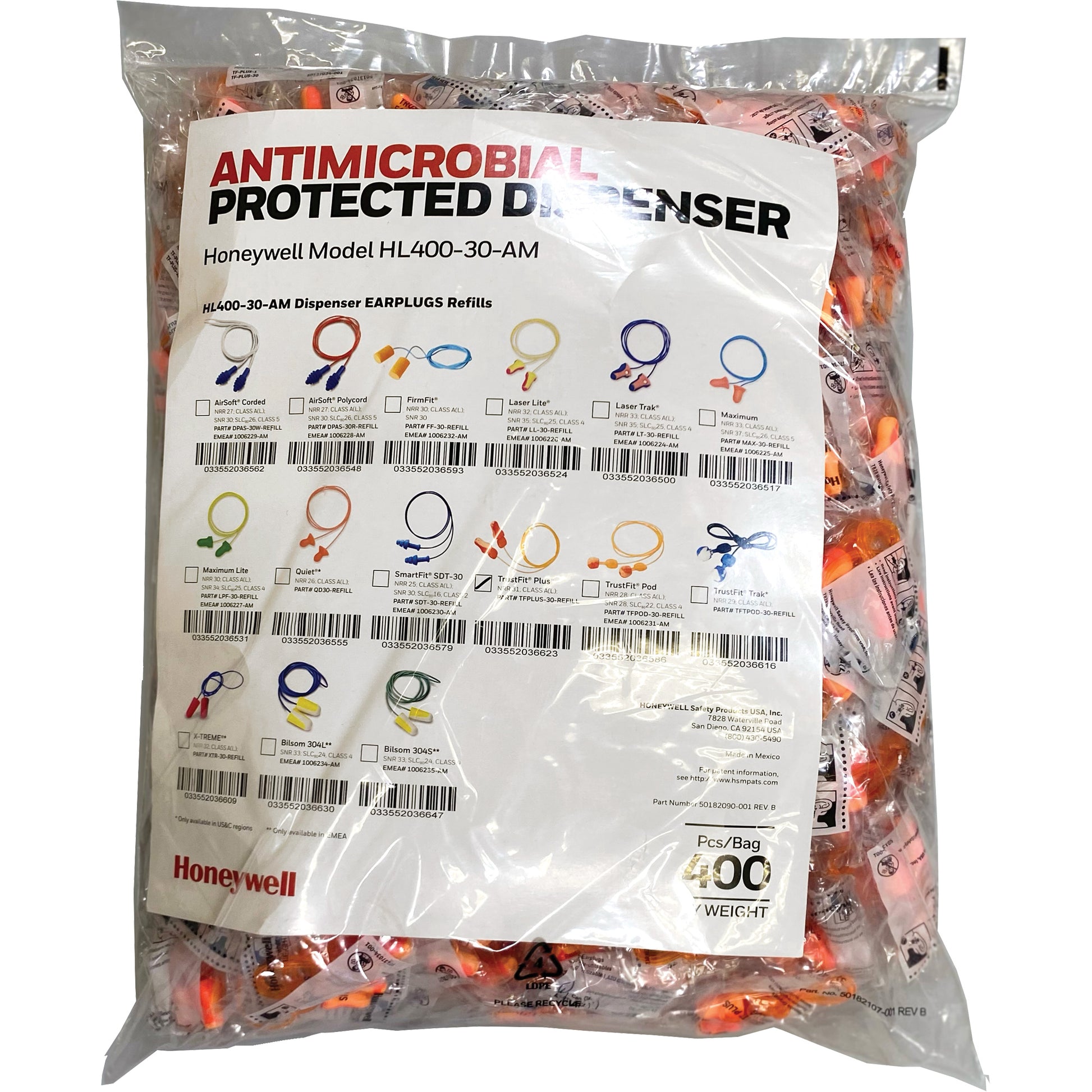 Honeywell TFP-30 Earplugs Refill for HL400 Dispenser, Bulk - Polybag, Corded