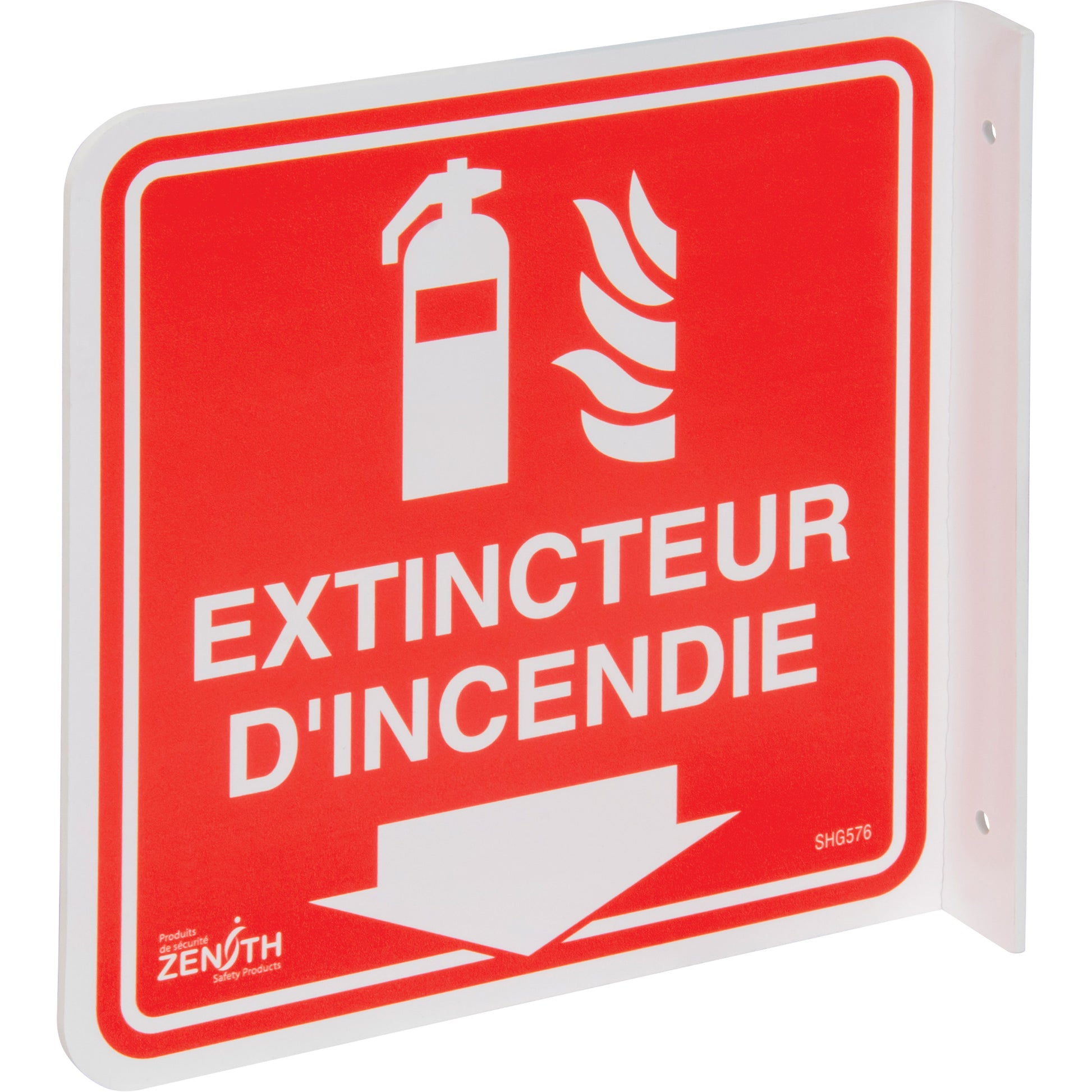 Zenith Safety Products 90° Projecting "Extincteur d'Incendie" Sign, 8" x 8", Plastic, French with Pictogram