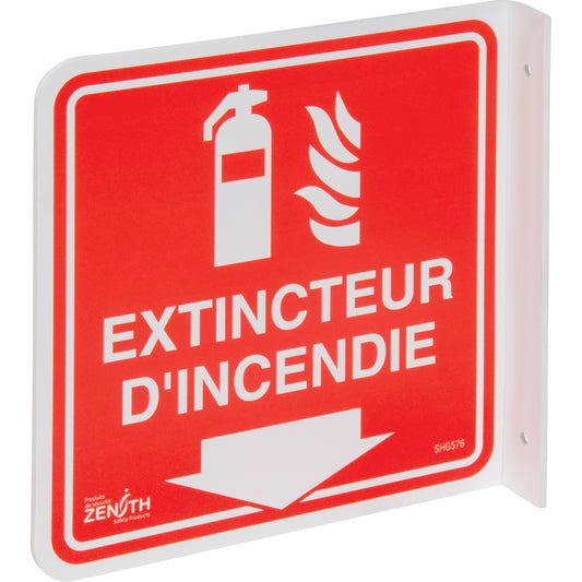 Zenith Safety Products 90° Projecting "Extincteur d'Incendie" Sign, 8" x 8", Plastic, French with Pictogram