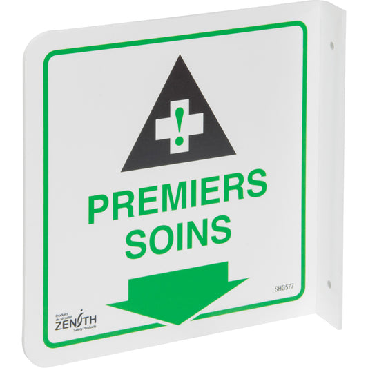 Zenith Safety Products 90° Projecting "Premiers Soins" Sign, 8" x 8", Plastic, French with Pictogram