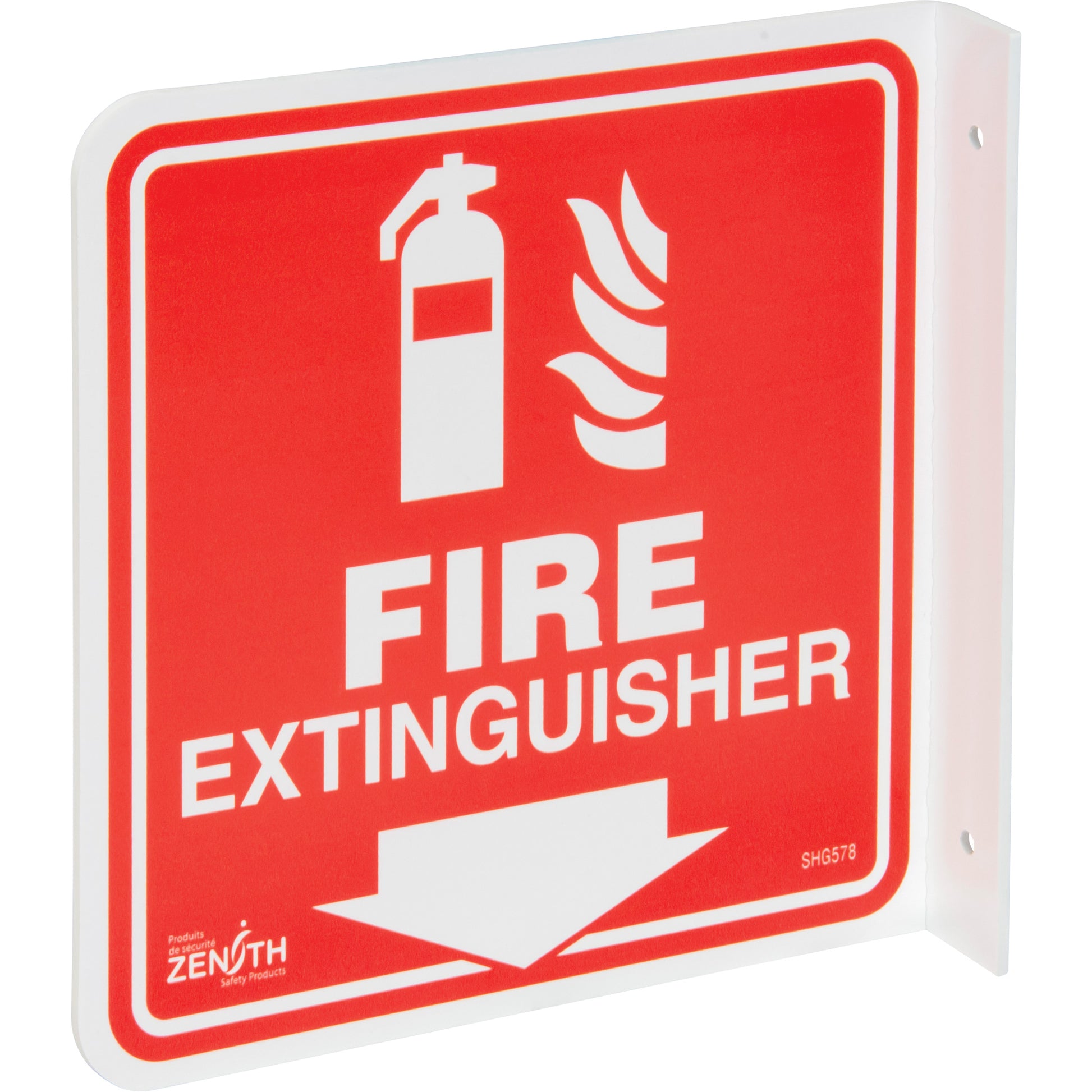 Zenith Safety Products 90° Projecting "Fire Extinguisher" Sign, 8" x 8", Plastic, English with Pictogram