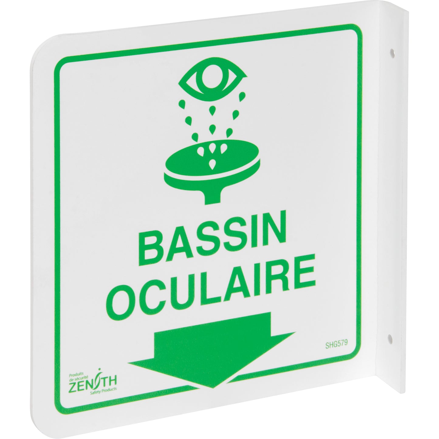 Zenith Safety Products 90° Projecting "Bassin Oculaire" Sign, 8" x 8", Plastic, French with Pictogram