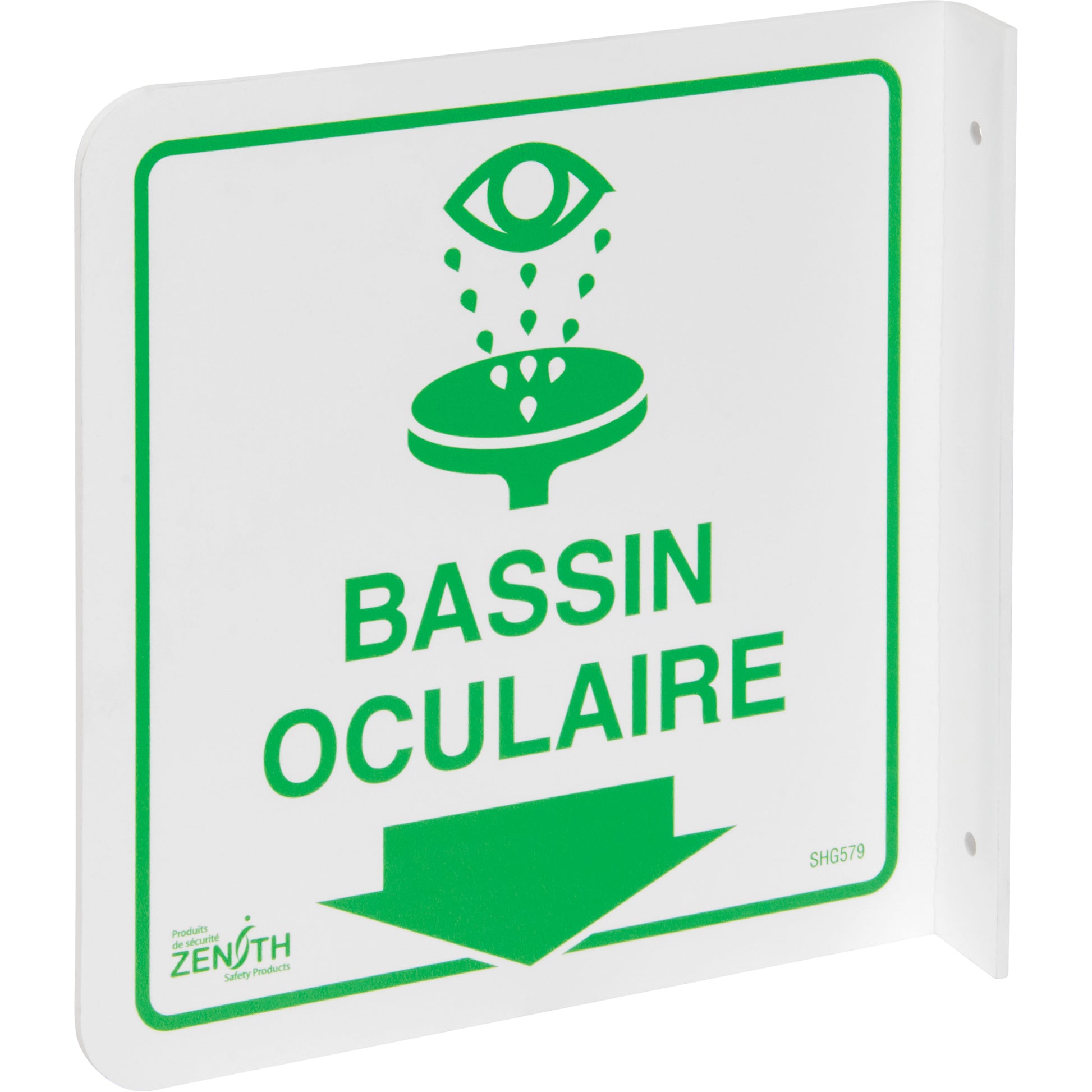 Zenith Safety Products 90° Projecting "Bassin Oculaire" Sign, 8" x 8", Plastic, French with Pictogram