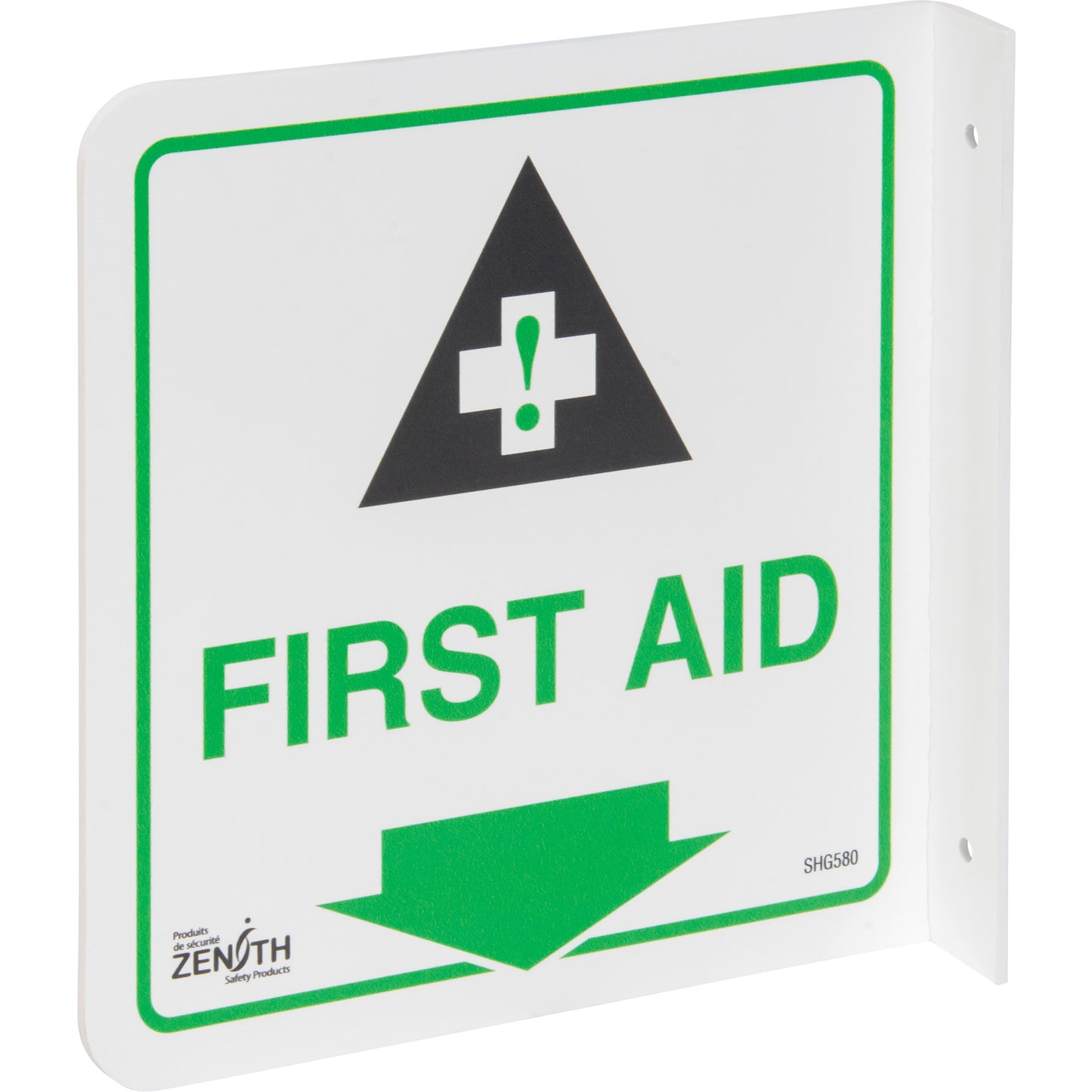 Zenith Safety Products 90° Projecting "First Aid" Sign, 8" x 8", Plastic, English with Pictogram