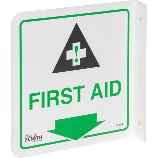 Zenith Safety Products 90° Projecting "First Aid" Sign, 8" x 8", Plastic, English with Pictogram