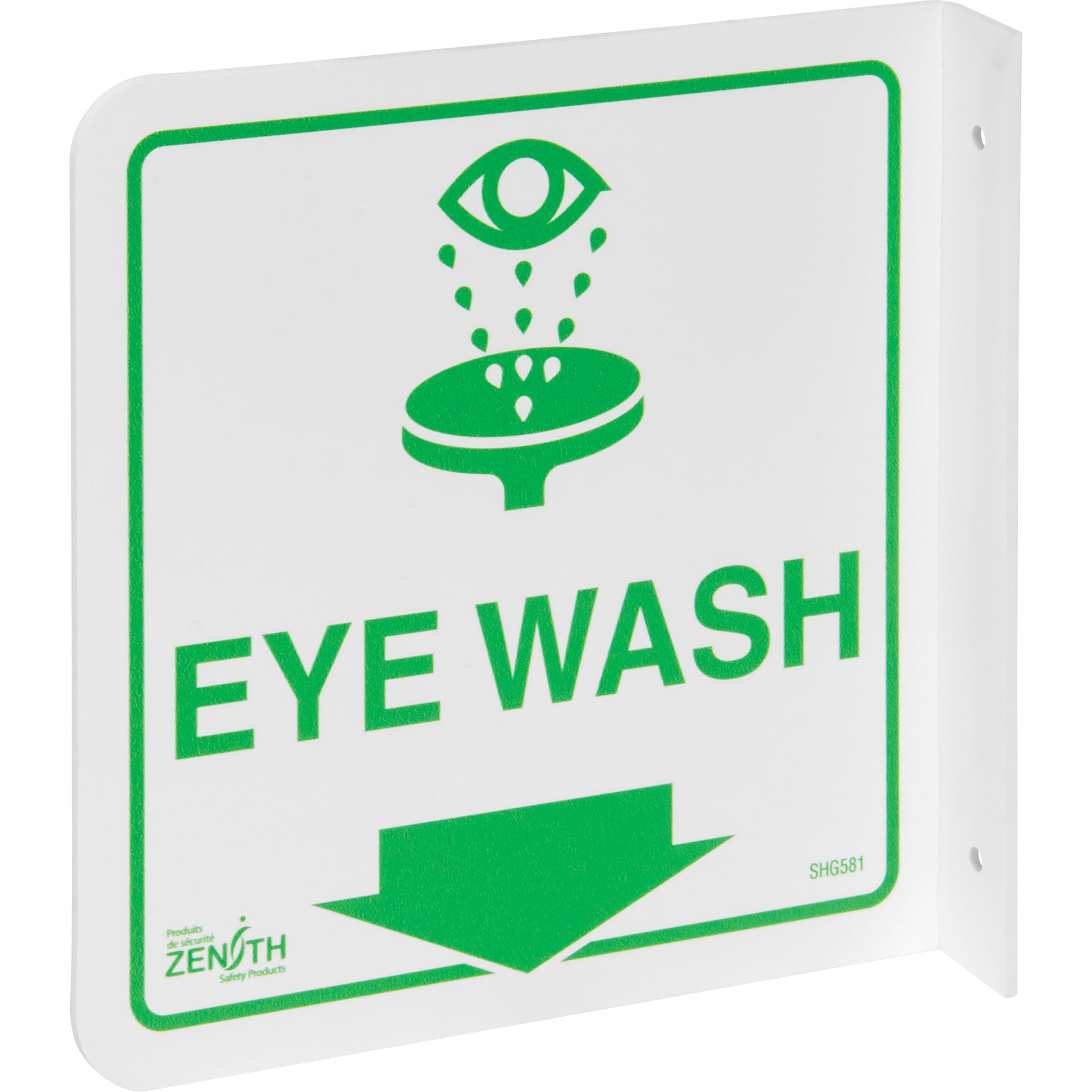 Zenith Safety Products 90° Projecting "Eye Wash" Sign, 8" x 8", Plastic, English with Pictogram