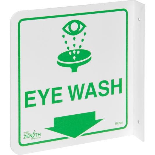 Zenith Safety Products 90° Projecting "Eye Wash" Sign, 8" x 8", Plastic, English with Pictogram