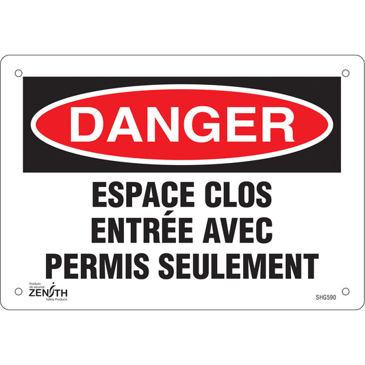 Zenith Safety Products "Espace clos" Sign, 7" x 10", Aluminum, French