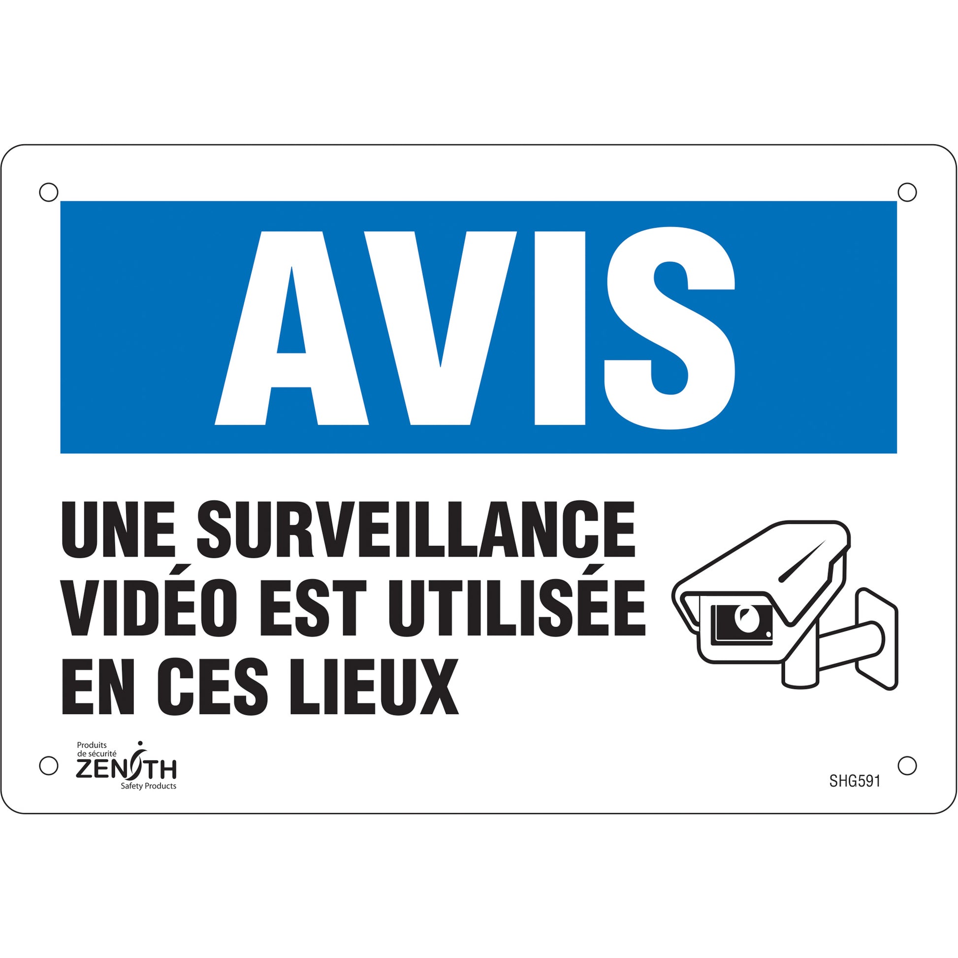Zenith Safety Products "Surveillance vidéo" Sign, 7" x 10", Plastic, French with Pictogram