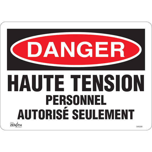 Zenith Safety Products "Haute tension" Sign, 10" x 14", Vinyl, French