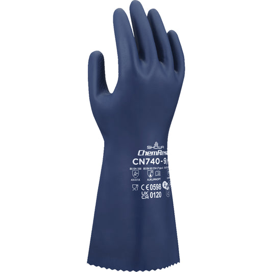 Showa CN740 Chemical-Resistant Gloves, Size Large/9, 13" L, Nitrile, 15-mil