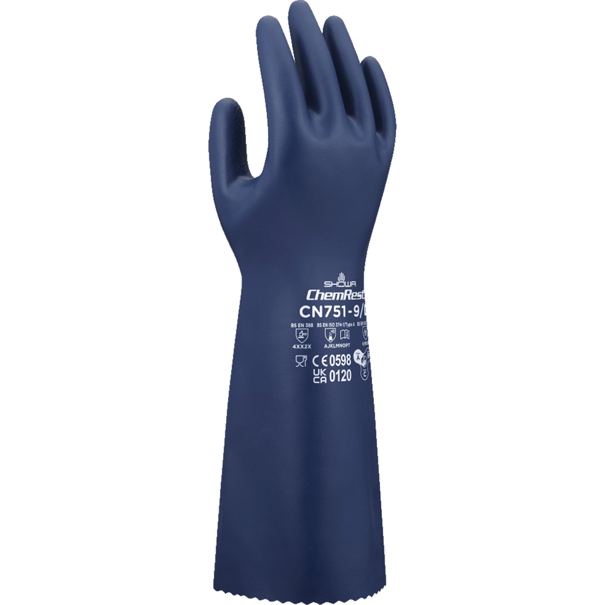 Showa CN751 Chemical-Resistant Gloves, Size Large/9, 15" L, Nitrile, 18-mil