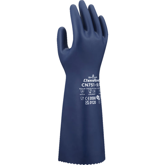 Showa CN751 Chemical-Resistant Gloves, Size Large/9, 15" L, Nitrile, 18-mil
