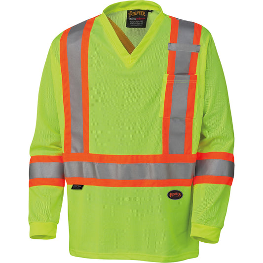Pioneer 6985 Traffic Micro Mesh Long-Sleeved Safety Shirt, Medium, High Visibility Lime-Yellow