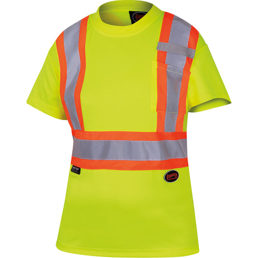 Pioneer 6949 Women's Bird's-Eye Safety T-Shirt, Polyester, Small, High Visibility Lime-Yellow