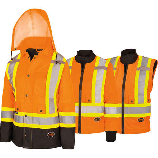 Pioneer 5020BBW Women's  7-in-1 Waterproof Jacket with Hood, Polyester/Polyurethane, High Visibility Orange, X-Small