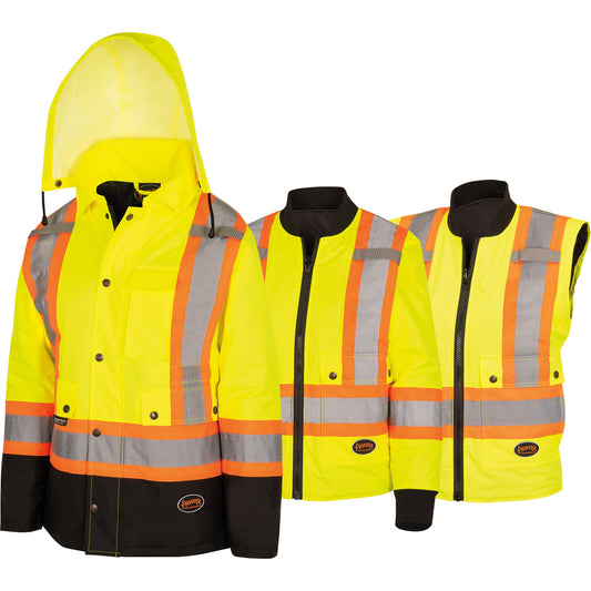 Pioneer 5021BBW Women's  7-in-1 Waterproof Jacket with Hood, Polyester/Polyurethane, High Visibility Lime-Yellow, X-Small