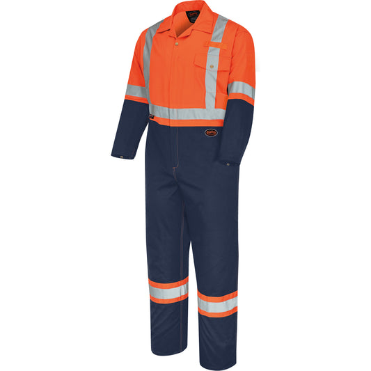 Pioneer 5514BBT 2-Tone Safety Coveralls with Zipper Closure, 40 (Tall), High Visibility Orange/Navy Blue