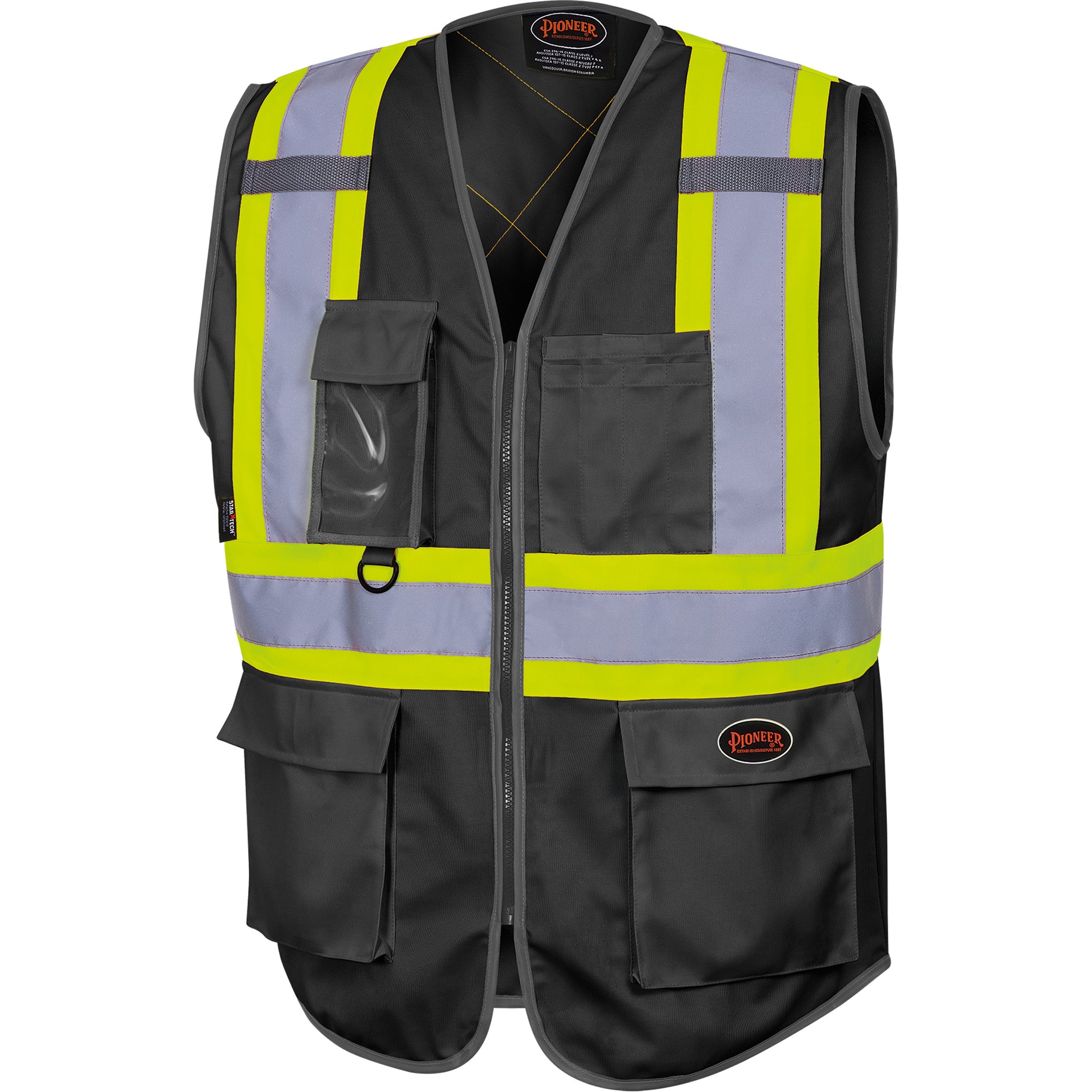 Pioneer 6959BK Tricot High-Visibility Safety Vest with Zipper Closure, Black, Medium, Polyester