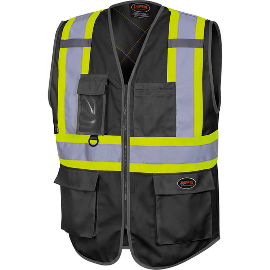 Pioneer 6959BK Tricot High-Visibility Safety Vest with Zipper Closure, Black, Medium, Polyester