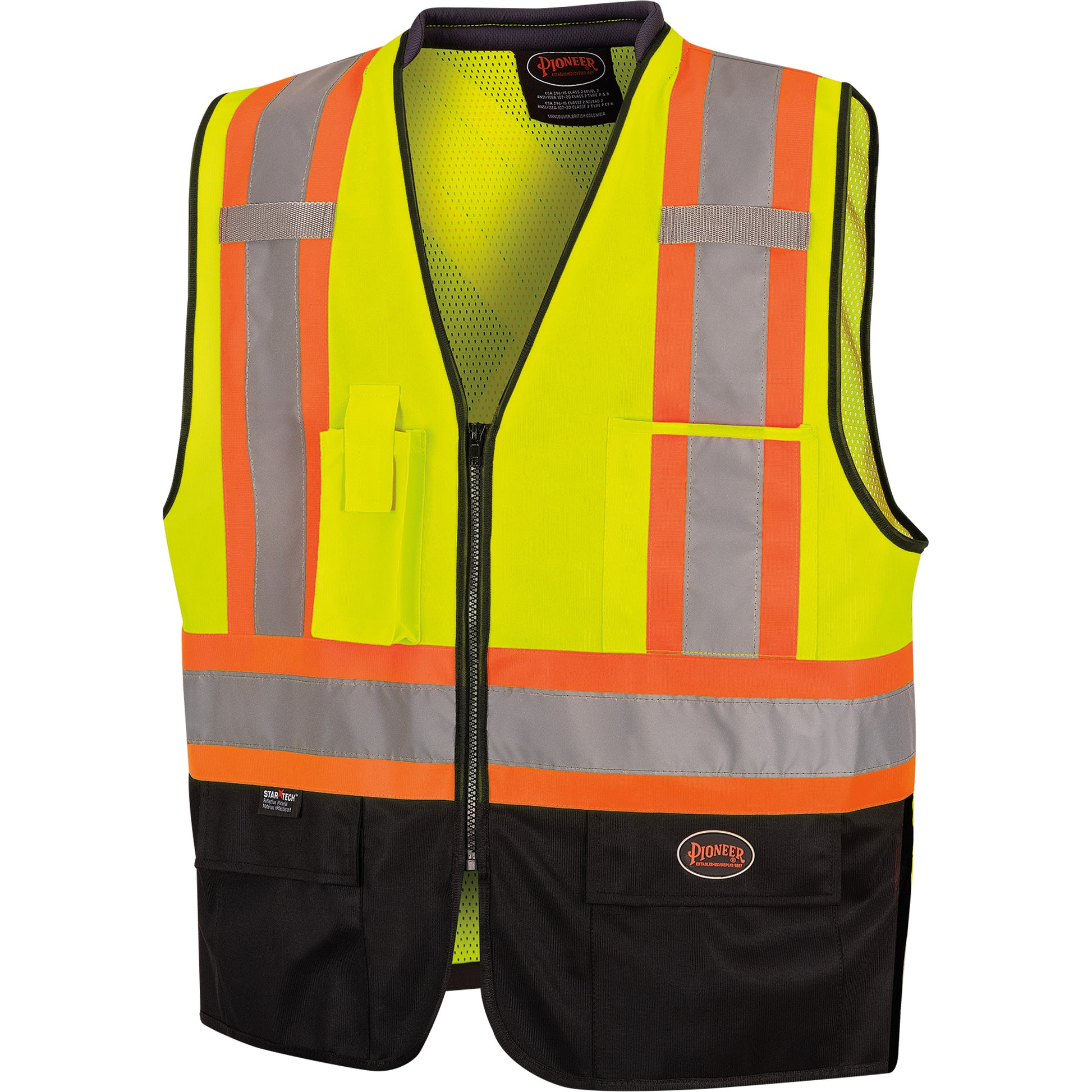 Pioneer 6895 High-Visibility Zip Front Bi-Colour Safety Vest, Black/High Visibility Lime-Yellow, 4X-Large/5X-Large, Polyester
