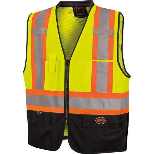 Pioneer 6895 High-Visibility Zip Front Bi-Colour Safety Vest, Black/High Visibility Lime-Yellow, 4X-Large/5X-Large, Polyester